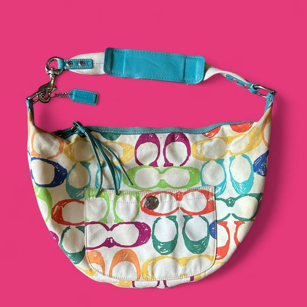 Vintage Coach Rainbow Scribble C Logo Hobo Bag Turquoise Trim (5658)